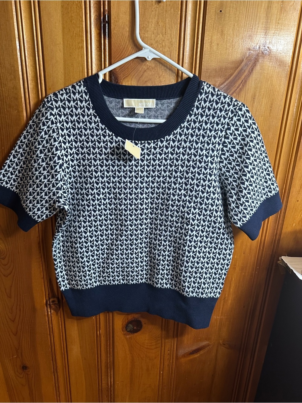Michael Kors Navy and White MK Logo Knit Top with Gold Nameplate
